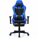 PU Leather Gaming Chair with USB Massage Lumbar Pillow and Footrest -Blue - Color: Blue