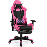 PU Leather Gaming Chair with USB Massage Lumbar Pillow and Footrest -Pink - Color: Pink